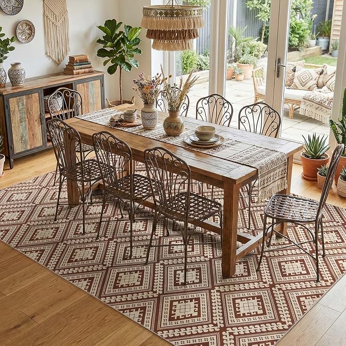 jinchan 8x10 Faux Jute Area Rug Washable Tile-Inspired Rug Terracotta Brown | Vintage Geometric, Non-Slip, Low Pile, Indoor Outdoor, Natural Fiber Look, Living Room, Dining Room, Backyard, Bedroom, Patio