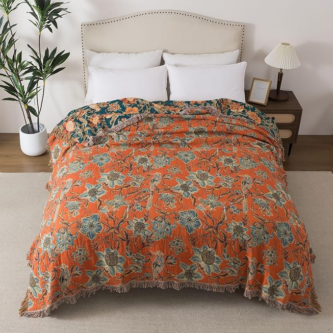 Phuryllic Boho Throw Blanket Twin Size, Soft Cozy Cotton Muslin Quilt Blanket for Bed Decor, Floral Patterned Couch Sofa Chair Cover, Vintage Farmhouse Cottage Tapestry Woven Blanket, Green&Orange