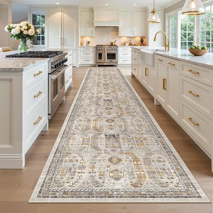 Madane Hallway Runner Rug 3x16 Washable Kitchen Runners Long, Brown/Gold | Vintage Non-Slip Wide Area Rugs 16ft for Entryway, Low-Pile Farmhouse Indoor Floor Carpet for Living Room Bedroom