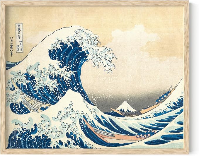 HAUS AND HUES Japanese Traditional Art - Hokusai Classic Kanagawa Wave Print, The Great Wave Poster Japanese Art Wall Decor, Japan Poster Wave Wall Art, Japandi Wall Art (Beige Frame, 16x20)