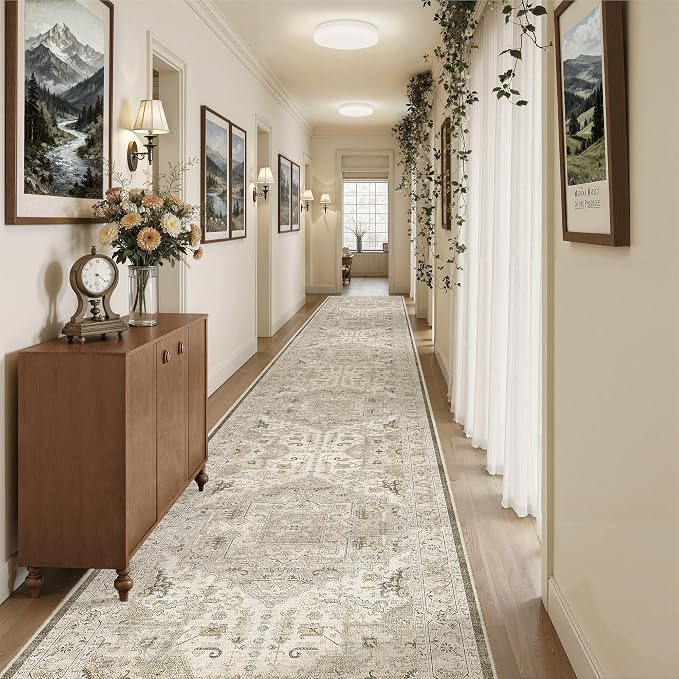 Madane Hallway Runner Rug 3x18 Washable Kitchen Runners 18ft, Ivory/Brown | Vintage Non Slip Extra Long Area Rugs for Hallways, Soft Low-Pile Farmhouse Wide Floor Carpet for Entryway Bathroom Bedroom
