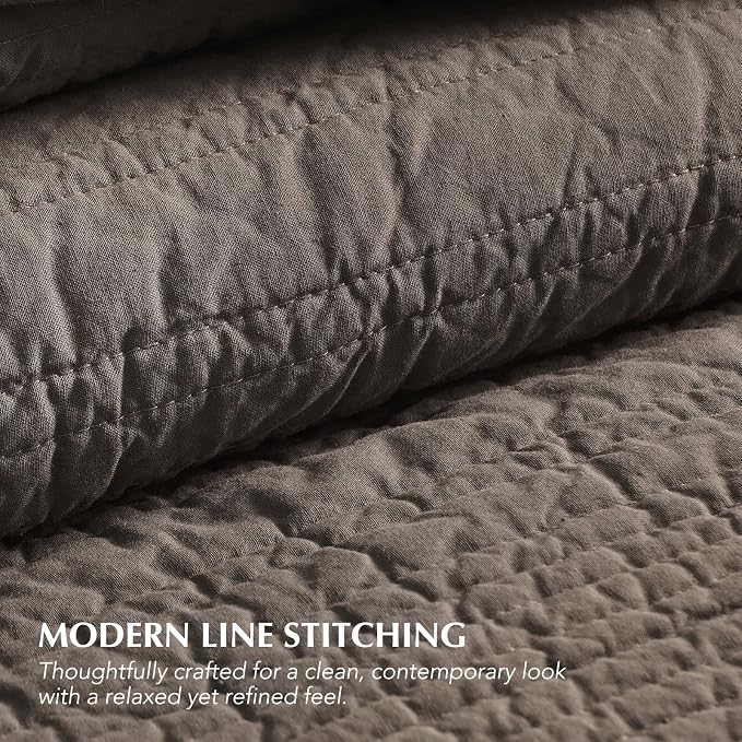 EVERGRACEHOME 100% Cotton Modern Lines Quilt Set Queen Size, Mushroom Brown | Pre-Washed Soft Cotton, Striped Coverlet Bedspread, 3 Piece Lightweight Bedding Set for All Season, with 2 Pillow Shams