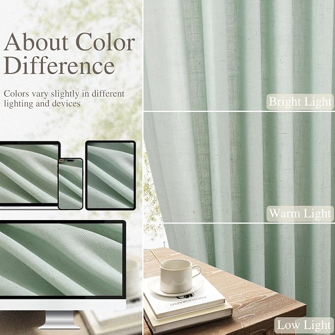 Extra Long Linen Curtains 120 Inches for Living Room Back Tab Semi Sheer High Floor to Ceiling 10ft Light Filtering Curtain Boho Farmhouse Decor Window Drapes for Bedroom 2 Panels Aqua Green