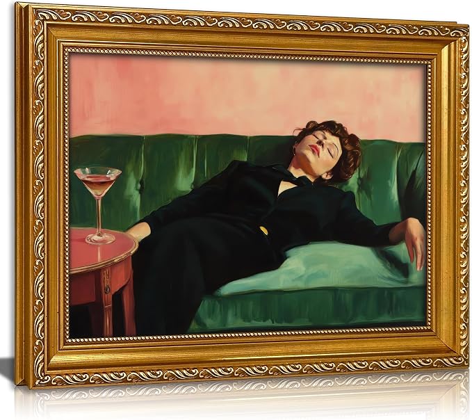 Vintage Gold Framed Bar Wall Art, Victorian Woman and Man on Couch with Martini Oil Painting Canvas Prints, Eclectic Cocktail Picture, Trendy Bar Cart Decor Poster Artwork for Kitchen Dining Room