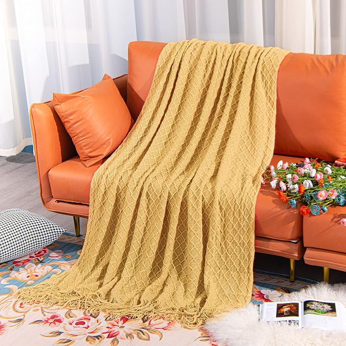 NTBAY Acrylic Knit Throw Blanket, 60 x 80, Mustard Yellow Checkered | Lightweight Acrylic Wave-Knit Throw with 7 Inch Tassels for Sofa, Bed, Reading, Travel, and Decorative Layering