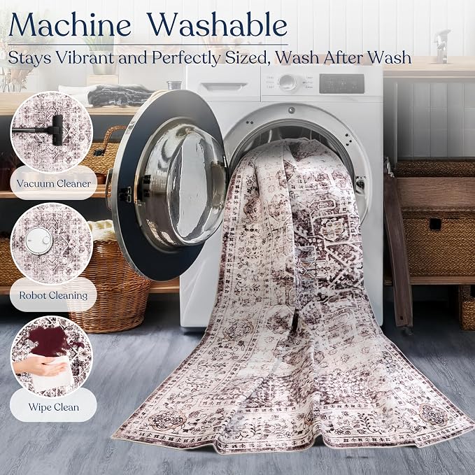 Machine Washable Area Rug, Soft & Durable, Non-Slip, Stain Resistant Rug for Bedroom, Living Room, Dining Room, High Traffic Areas. (Brown/Neutral, 3' X 5')
