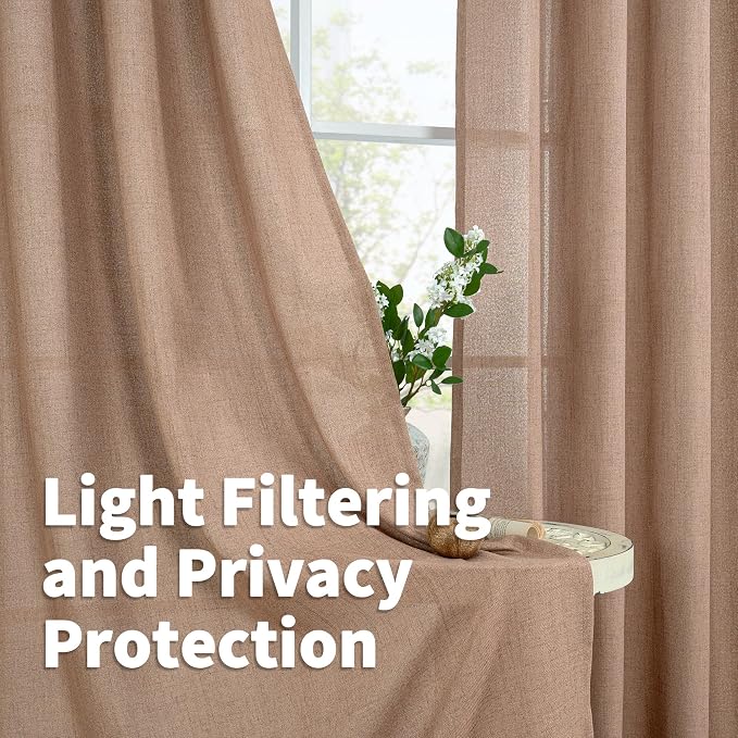 Mocha Brown Linen Semi Sheer Curtains 52 X 63 Inch Length with Grommet | Light Filtering Drapes with Grommet Privact for Short Bedroom Living Room Window, 2 Panels