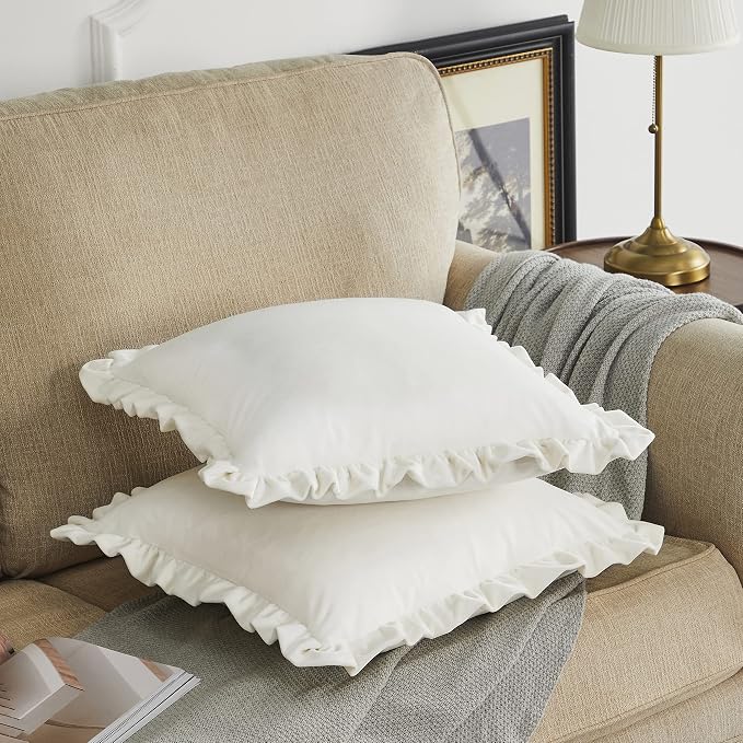 GIGIZAZA Velvet Cream 22x22 Pillow Covers, Set of 2 Decorative Ruffle Ivory Cushoin Pillow Covers for Sofa Couch