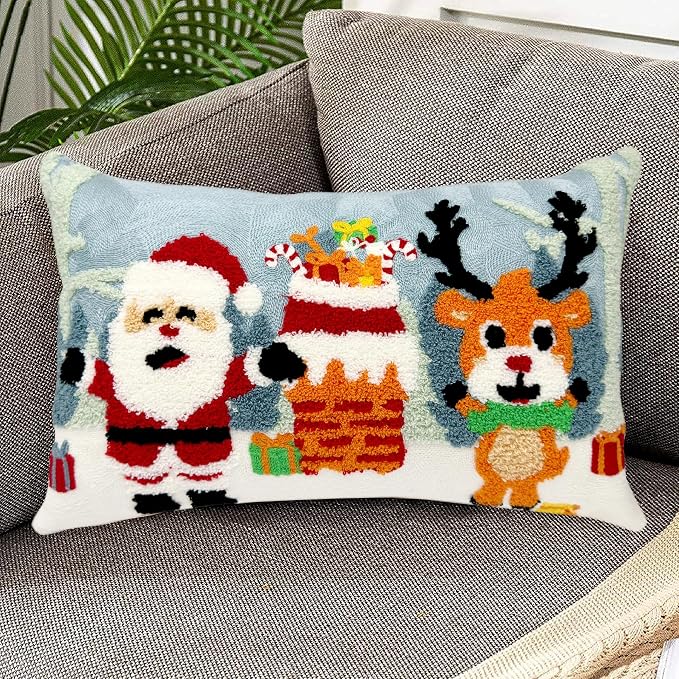 Alysheer Christmas Santa Deer Lumbar Decorative Throw Pillow Cover 12"x 20",Tufted Embroidered Pattern Cozy Cotton Cushion Case for Sofa Couch Living Room Holiday Decor