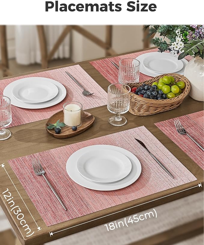 Leetaltree Gradient Pink Woven Placemats Set of 8 - Heat Resistant Non-Slip Place mats for Dining Table, Washable Durable PVC Vinyl Woven Table Mats(Gradient Pink, 8)