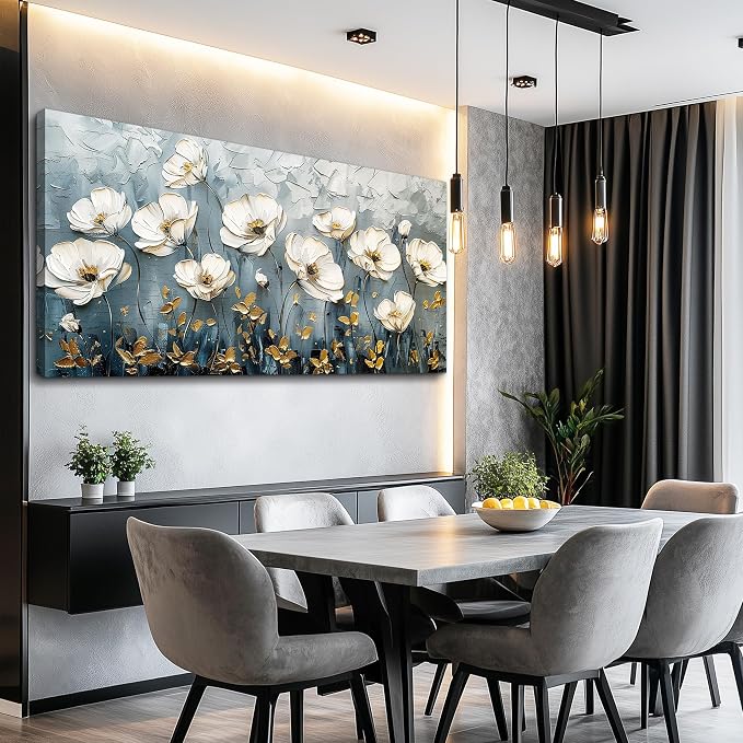 QIYILEXWART Canvas Wall Art For Living Room Large Wall Decor For Office Bedroom Decorations Textured White Flower Landscape Pictures Farmhouse Painting Artwork Room Wall Mural Aesthetic Home Decor 30x60 In