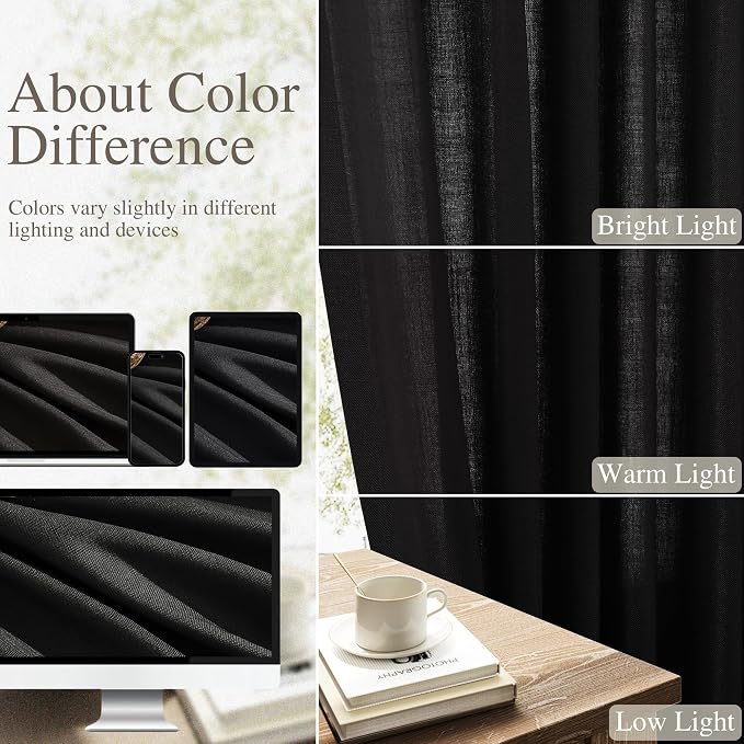 Extra Long Linen Curtains 108 Inches for Living Room Back Tab Semi Sheer High Floor to Ceiling 9ft Light Filtering Curtain Boho Farmhouse Decor Window Drapes for Bedroom 2 Panels Black