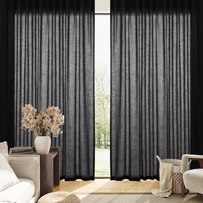 Extra Long Linen Curtains 108 Inches for Living Room Back Tab Semi Sheer High Floor to Ceiling 9ft Light Filtering Curtain Boho Farmhouse Decor Window Drapes for Bedroom 2 Panels Black