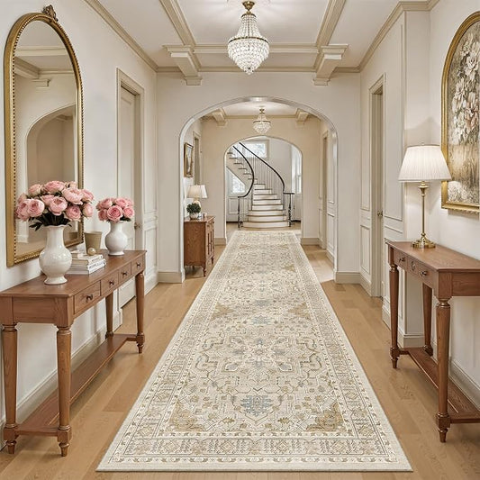 Madane Hallway Runner Rug 3x14 Washable Kitchen Runners Long, Beige/Blue | Vintage Non-Slip Wide Area Rugs 14ft for Entryway, Soft Thin Low-Pile Farmhouse Indoor Floor Carpet for Living Room Bedroom