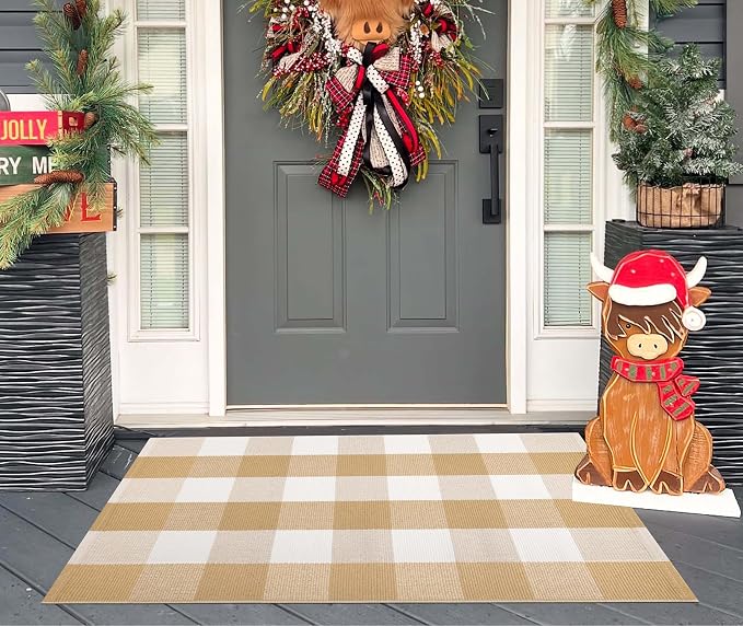 Front Door Mat Outdoor 24''x35''Khaki and White Washable Entryway Rugs Cotton Farmhouse Layered Doormat for Hello/Welcome Entryway,Porch,Bedroom,Bathroom