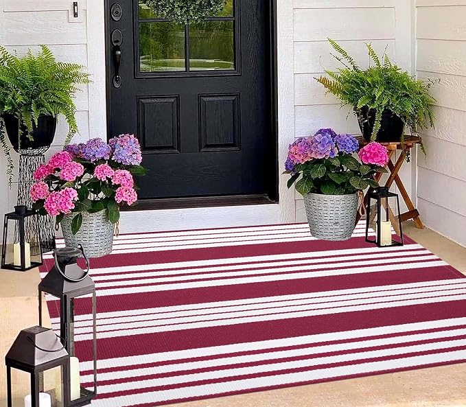 BUAGETUP Red and White Outdoor Rug 3'x 5' Hand-Woven Cotton Washable Rug Striped Front Porch Rug Indoor/Outdoor Area Rug Floor Mat for Farmhouse/Layered Door Mats/Living Room