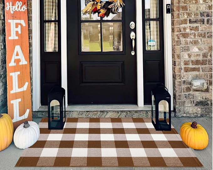 Coffee and White Outdoor Rug 27.5''x 43.3''Buffalo Plaid Layered Doormat Woven Machine Washable Farmhouse Door Mats Outdoor for Hello/Welcome Mat,Entryway,Bedroom,Patio