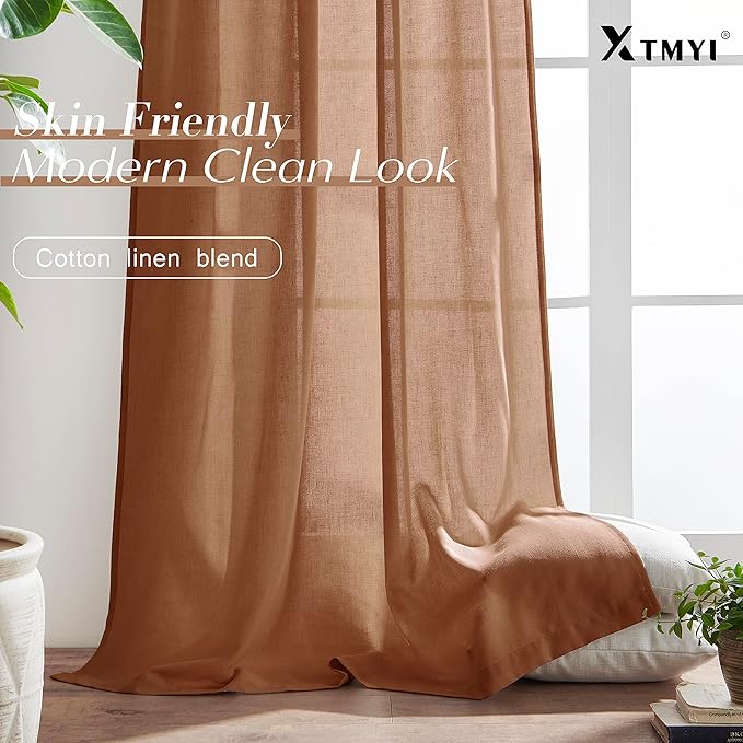 XTMYI 84 Inches Long Terracotta Country Curtains for Living Room,Sheer Linen Curtains for Bedroom 70 Inches Wide
