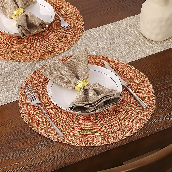SHACOS Round Placemats Set of 6 Woven Round Table Mats 15 inch Circle Braided Edge Washable Cotton Polyester Kitchen Dining Table Place Mats, Fall Color Mix