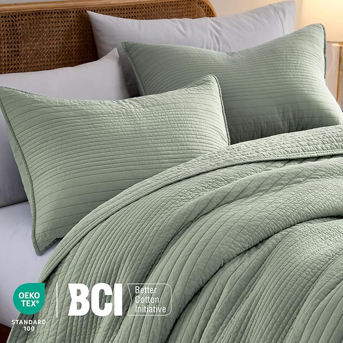 PALASSIO Striped Sage Green 100% Cotton Quilt California Cal King Size Bedding Set, Oversized Lightweight Channel Pick Stitch Textured Bedspread Soft Farmhouse Country Coverlet for All Season, 2 Shams