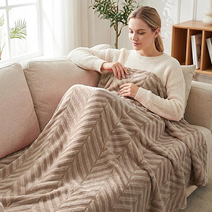 Whale Flotilla Flannel Fleece Throw Blanket for Couch, Champagne | Lightweight Breathable Soft Sofa Throws, Plush Fluffy Chevron Design Decorative Blankets for All Season, 50x60 Inch