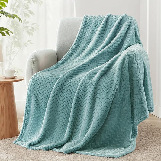 Exclusivo Mezcla Large Fleece Throw Blanket for Couch, Sofa, Celadon | 50"x70" Soft Breathable Lightweight Flannel Throws for Summer, Plush Cozy Jacquard Wave Blanket for Home Decor