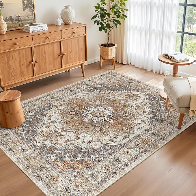 Madane Area Rug 3x5, Washable Vintage Entry Rugs for Bedroom, Turmeric/Grey | Vintage Entryway Bedroom Non Slip Door Mat Indoor Entrance, Kitchen Runner Living Room Laundry Playroom Soft Floor Carpets