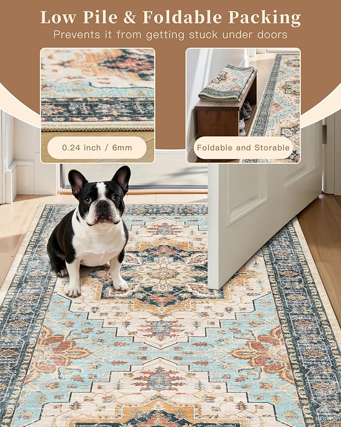 Madane Hallway Runner Rug 2x8 Washable Kitchen Rugs Non-Slip, Orange/Blue | Vintage Machine Washable Low-Pile Floor Carpet 8ft, Soft Ultra-Thin Throw Entry Foyer Mat for Entrance Laundry Living Room