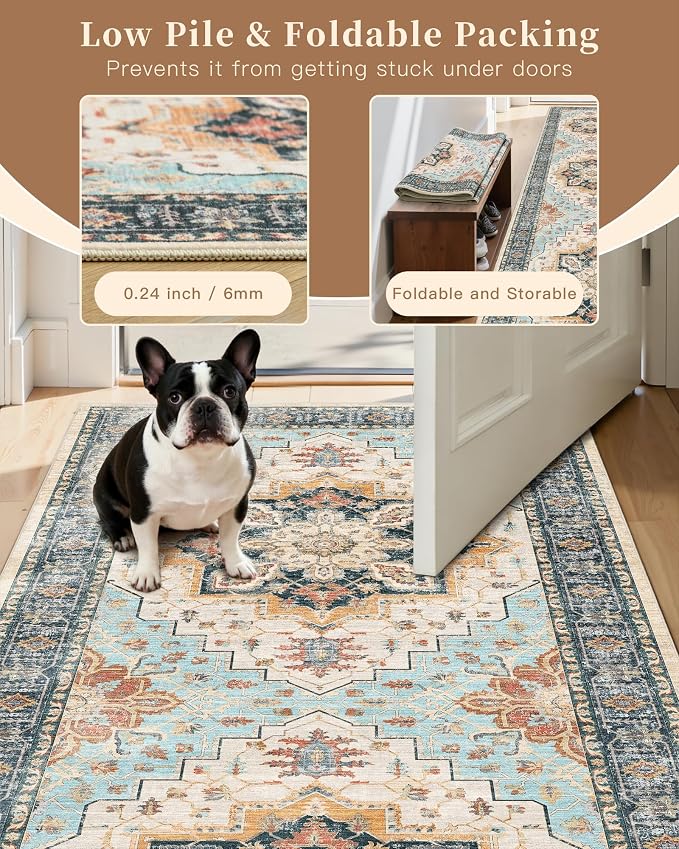 Madane Washable Runner Rugs 2x10 Long for Hallway Kitchen, Orange/Blue | Non-Slip Low-Pile 10ft Rug Runners Soft, Stain-Resistant Floor Carpet Mat for Entrance, Living Dining Laundry Room, Stair