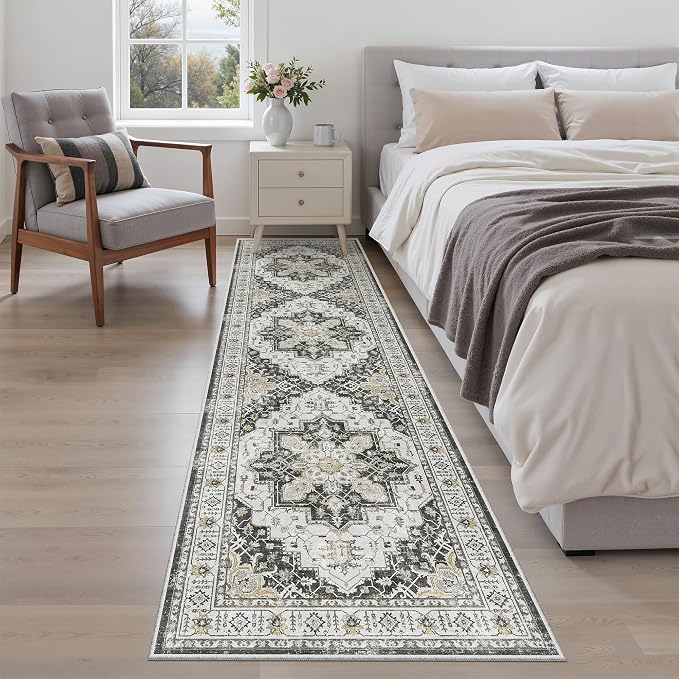 Madane Hallway Runner Rug 2x8 Washable Kitchen Rugs Non-Slip, Black | Vintage Machine Washable Low-Pile Floor Carpet 8ft, Soft Ultra-Thin Throw Entry Foyer Mat for Entrance Laundry Living Room