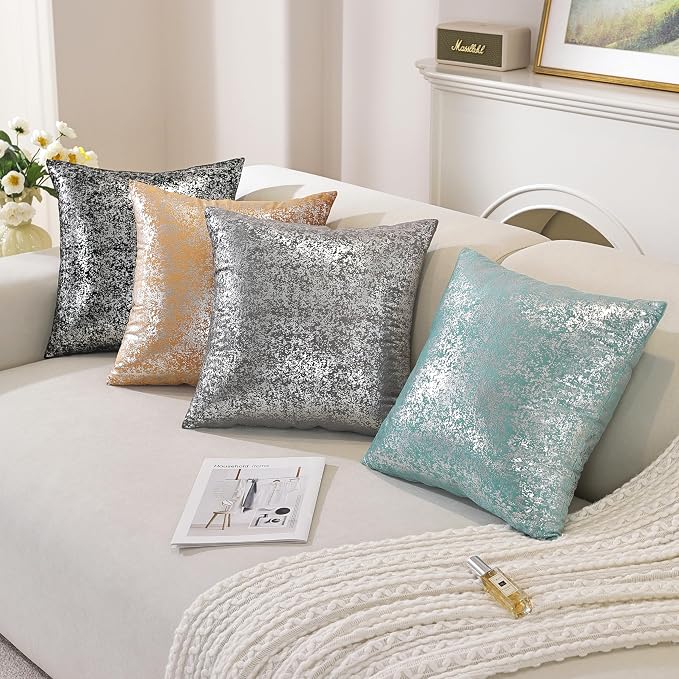 Gyulin Pack of 4,Silver Velvet Throw Pillow Covers 18x18 Inches, Sparkle Silver Foil Print Solid Square Pillow Covers Cushion Covers for Couch Sofa Home Bedroom Decor, Light Pink