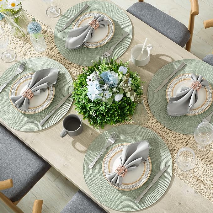 AHHFSMEI Round Placemats Set of 4 Heat Resistant Washable Non-Slip Woven Braided Table Mats for Dining Table Kitchen & Home Decor (Sage Green,4)
