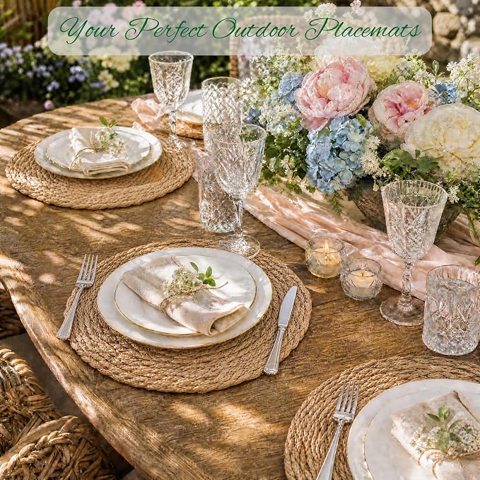 13.8'' Round Woven Placemats Set of 12, Boho Wicker Chargers, Terrekraft | Handmade from Natural Water Hyacinth, Heat-resistant & Non-slip Rattan Chargers, Rustic Farmhouse Decor, Party & Daily Dining