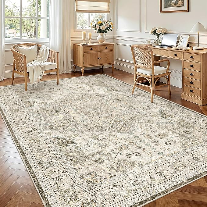 Madane 6x9 Area Rugs for Living Room, Vintage Washable Rug, Ivory/Brown | Stain Resistant Floor Carpet With Non-Slip Backing For Bedroom, Dining Bedroom And Office, Soft Low-Pile Home Decor Mat