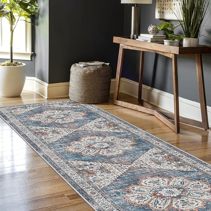 Washable Kitchen Runner Rug 2'6''x12' - Non-Slip Hallway Entryway Rugs with Rubber Backing Soft Thin Carpet for Bathroom Vintage Stain Resistant Indoor Home Decor Mat for Bedroom (Blue, 2'6'' x 12')