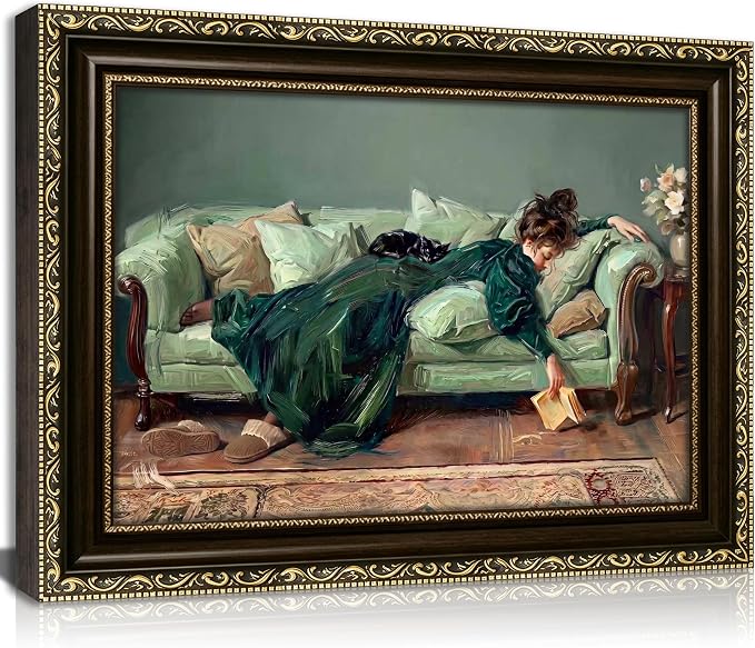 Vintage Gold Framed Wall Art, 3D Textured Victorian Woman Canvas Print | Moody Cozy Black Cat Picture Wall Decor, Antique Woman Reading Sofa Poster Artwork for Library Bedroom Living Room