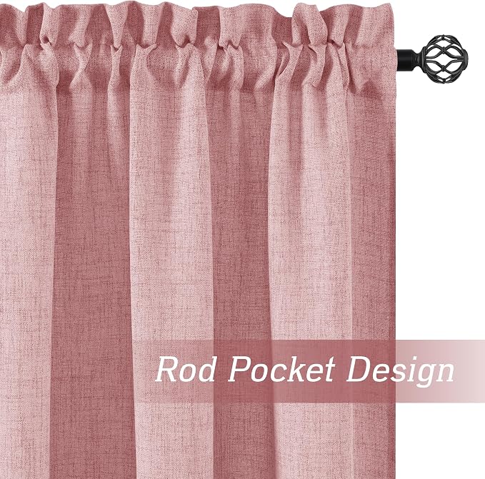 RYB HOME Living Room Curtains and Drapes Linen Sheer 84 inches Long | Light Filtering, Breathable, Weave Textured, Rod Pocket, for Bedroom, Semi Sheer, Peach Blush, W52 x L84, 2 Panels Set