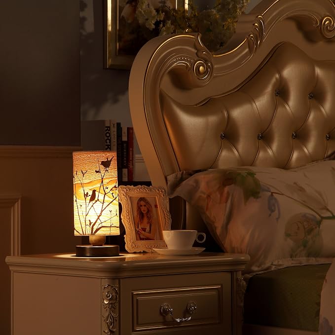 Bieye L10272 Birds in The Tree Wooden Style Table Lamp Night Light with Wood Lampshade Bronze Metal Base for Bedside Bedroom Living Room, Cylinder-Shaped (Bronze)