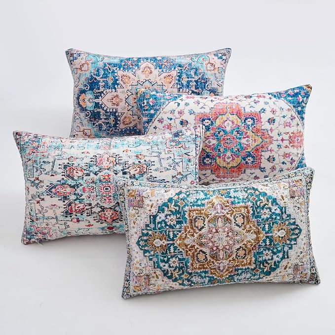 Lumbar Throw Pillow Covers 12x20 Inch Set of 4 Washable BOHO Vintage Style Decorative Throw Pillow Cases Soft Velvet Farmhouse Decor Retro Cushion Covers for Couch Sofa Bed Living Room Outdoor