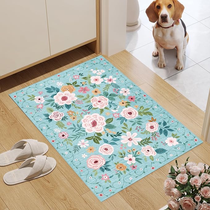 DUKINO 2x3 Entryway Rug, Floral Door Mat Soft Washable Rug Non Slip, Teal | Low Pile, Non-Shedding Small Rug for Kitchen, Entrance, Bedroom, Bathroom, Pet Friendly, Stain Resistant, Modern Home Decor