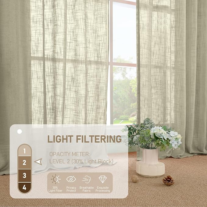 36 Inch Length Linen Semi Sheer Curtains for Small Windows 2 Panels | Semi Sheer, Light Filtering Panels, Rod Pocket Back Tab, Country Decor Drapes for Basement, Kitchen, Oatmeal, 34 x 36 Inch