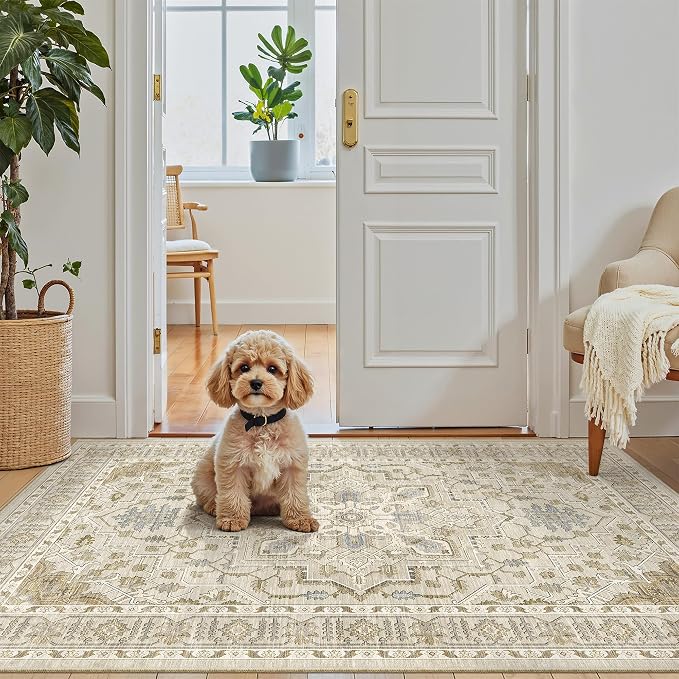 Madane Washable Entry Rug 3x4 Area Rugs for Entryway Kitchen, Beige/Blue | Vintage Printed Door Mat Indoor Entrance, Low-Pile Floor Carpet Runner for Inside Front Bedroom Kitchen Entry Laundry, Stair