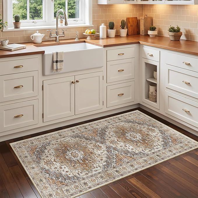 Madane Washable Area Rug 2x4, Small Entryway Rugs Non-Slip, Turmeric/Grey | Vintage Printed Door Mat Indoor Entrance, Low-Pile Floor Carpet Runner for Inside Front Bedroom Kitchen Entry Laundry, Stair