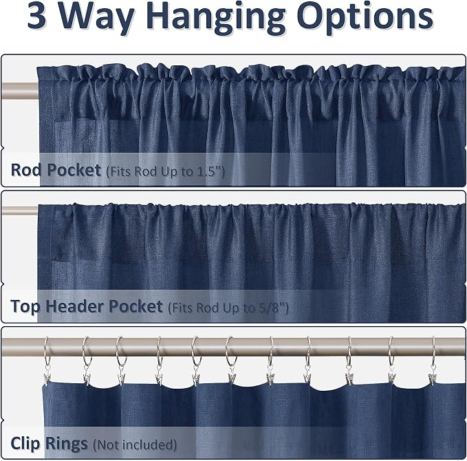 Denim Blue Linen Curtains 108 Inches Long 2 Panel Set Rod Pocket Semi Sheer Dining Room Cozy Bedroom Decor Cotton Look Country Rustic Farmhouse Boho Curtains 52x108