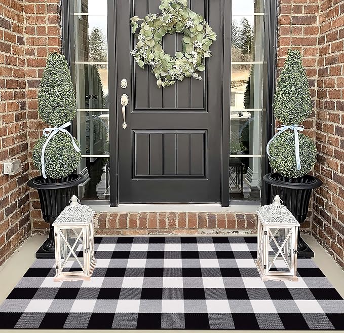Black and White Outdoor Rug 3'x5'Buffalo Plaid Checkered Front Porch Rug Machine Washable Farmhouse Front Door Mat Outdoor for Front Hello Welcome Mat,Bedroom,Entryway,Patio