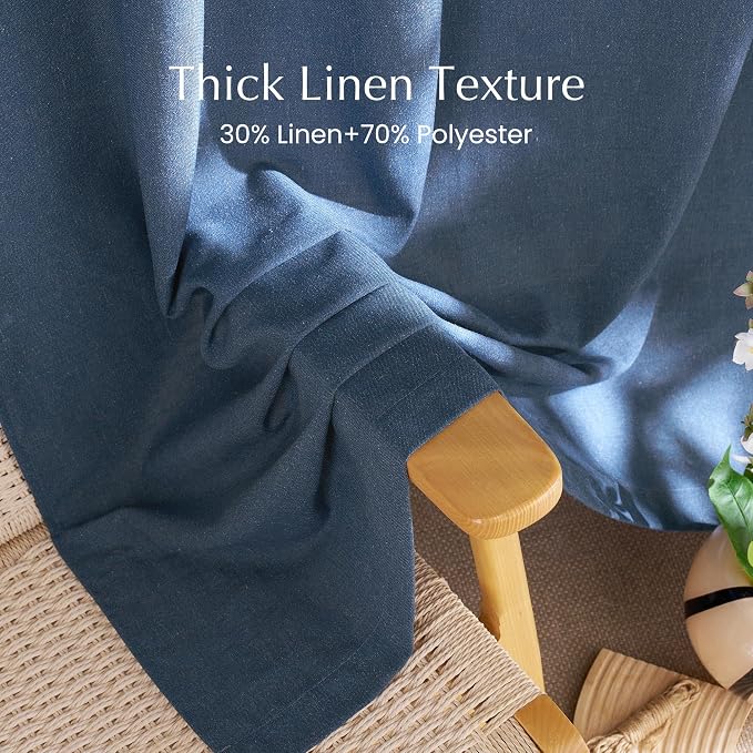 NICETOWN Navy Blue Linen Blend Living Room Curtains, Rod Pocket & Back Tab Privacy Added Thick Linen Weave with Light Filtering Window Treatments for Bedroom, W55 x L102, 2 Panels