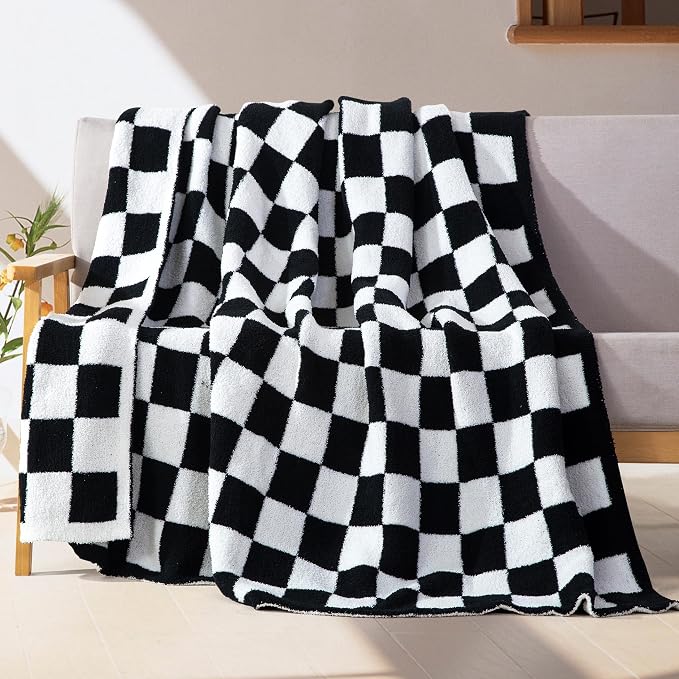 Elegant Comfort Premium Checkered Reversible Throw Blanket - Ultra Soft and Lightweight, Luxury Knitted Breathable Fleece for Couch, Bed, Sofa - Warm Velvet Fluffy Throw, 50 x 70 Inch, Black