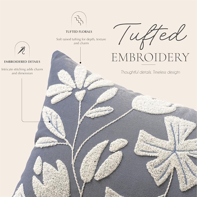 BlissBlush Decorative Lumbar Pillow Cover 12x20, Coastal Dusty Blue Accent Velvet Throw Pillowcase for Couch Sofa Living Room, Floral Tufted Rectangular Cushion, Cover Only