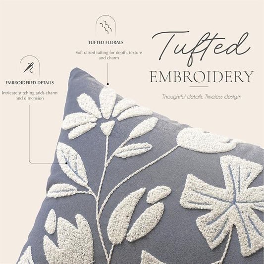 BlissBlush Long Lumbar Pillow Cover 14x36 for Bed, Coastal Dusty Blue Floral Tufted Velvet Accent Oversize Throw Pillowcase for Bedroom, Cover Only