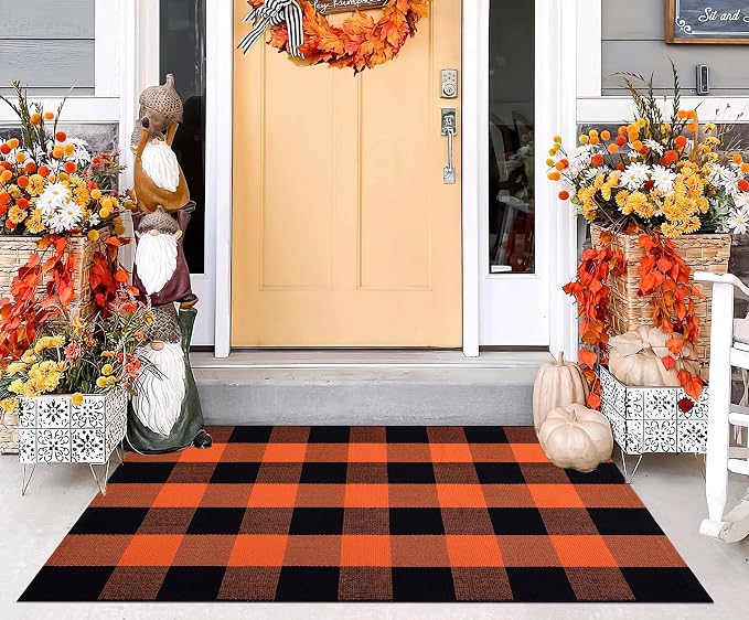 Orange and Black Door Mat Outdoor 27.5''x 43.3''Fall Layered Doormat Woven Washable Farmhouse Front Porch Rug for Hallween Mat,Entryway,Bedroom,Patio